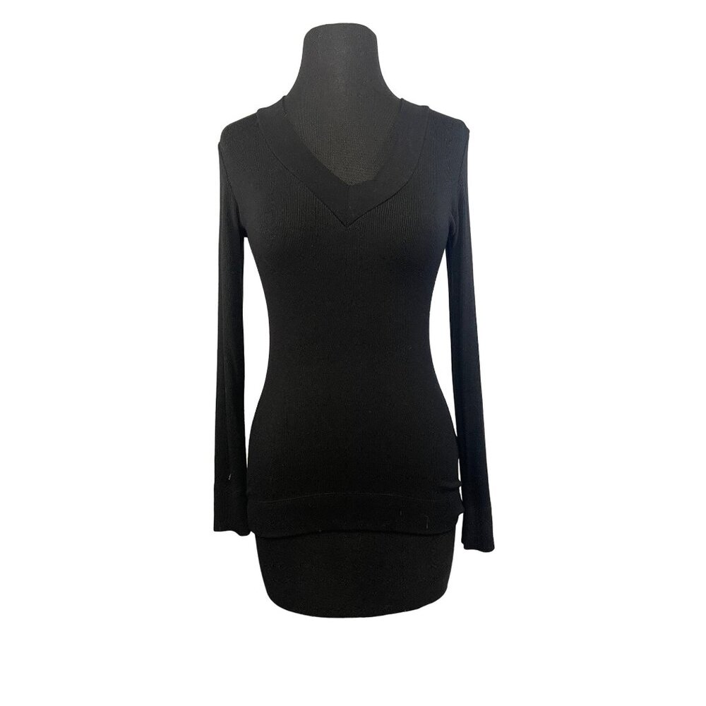 Six Degrees Womens Long Sleeve Black Ribbed Knit V-Neck Sweater Size M Pre-Owned